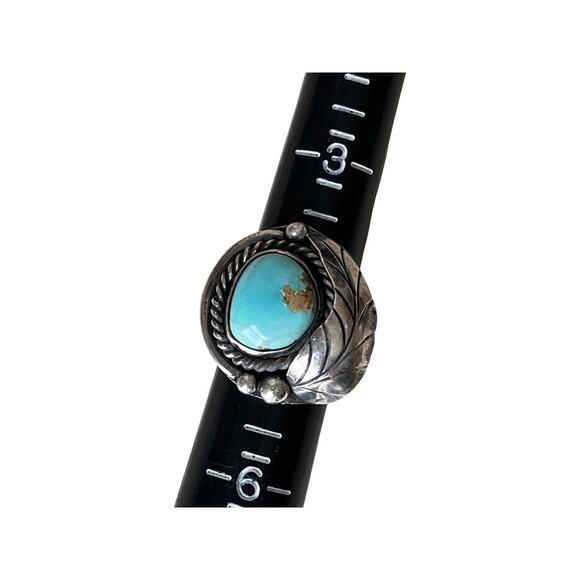 Vintage Blue Turquoise Leaf Ring, Sterling Silver Native American Ring Sz 4.5 - Picture 5 of 6